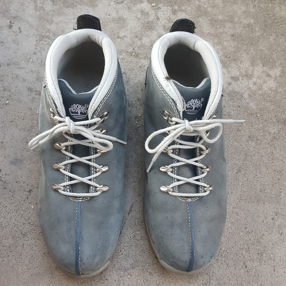 8 OLD SCHOOL LEATHER TIMBERLAND BLUE & GRAY LEATHER LACE UP BOOTS - Picture 5 of 13